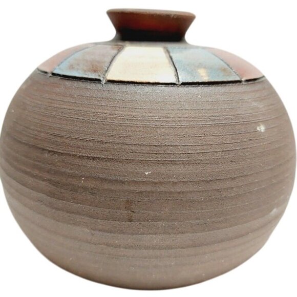 Hand Turned Studio Art Pottery Clay Weed Vase Multicolor Enamel Signed Base - Picture 3 of 8